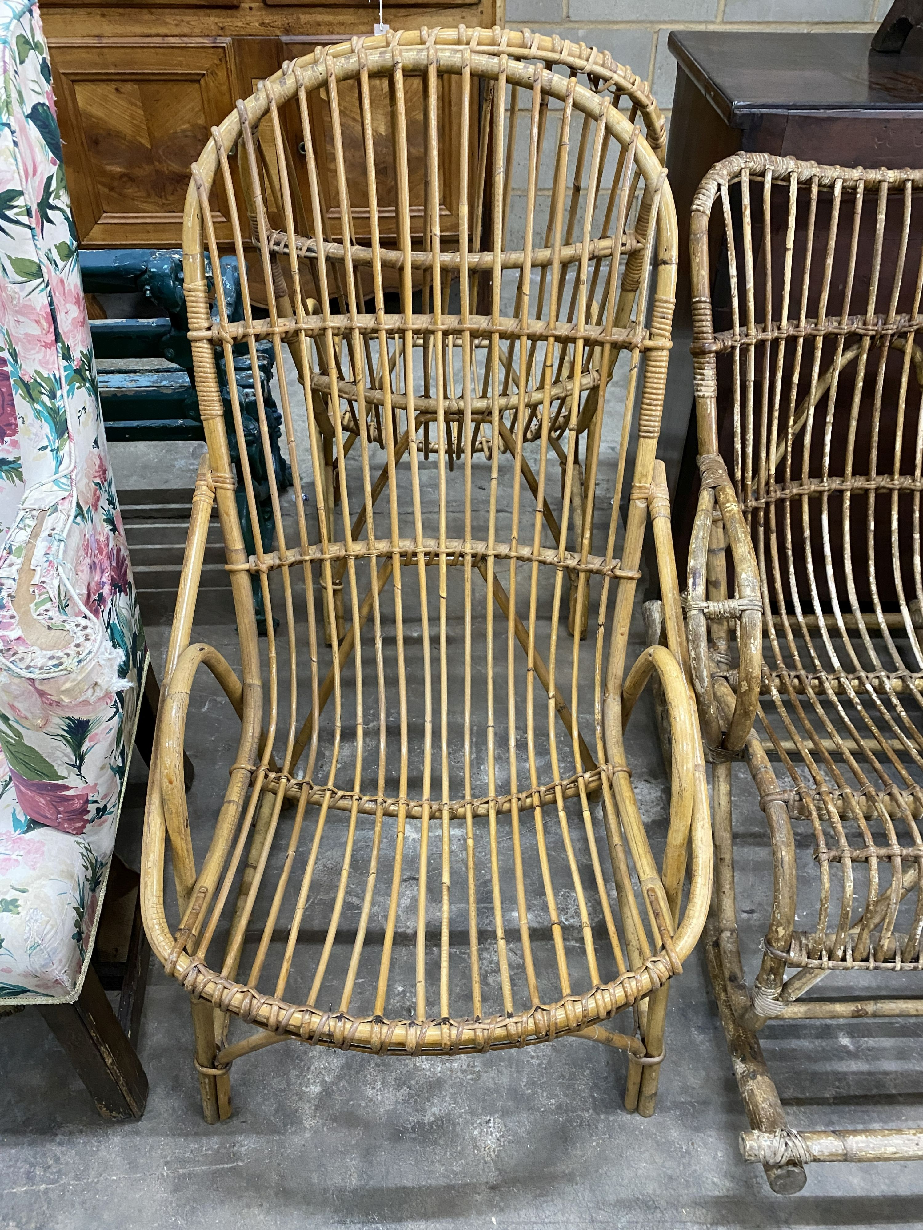 A rocking chair in the style of Franco Albino and a pair of bamboo conservatory chairs